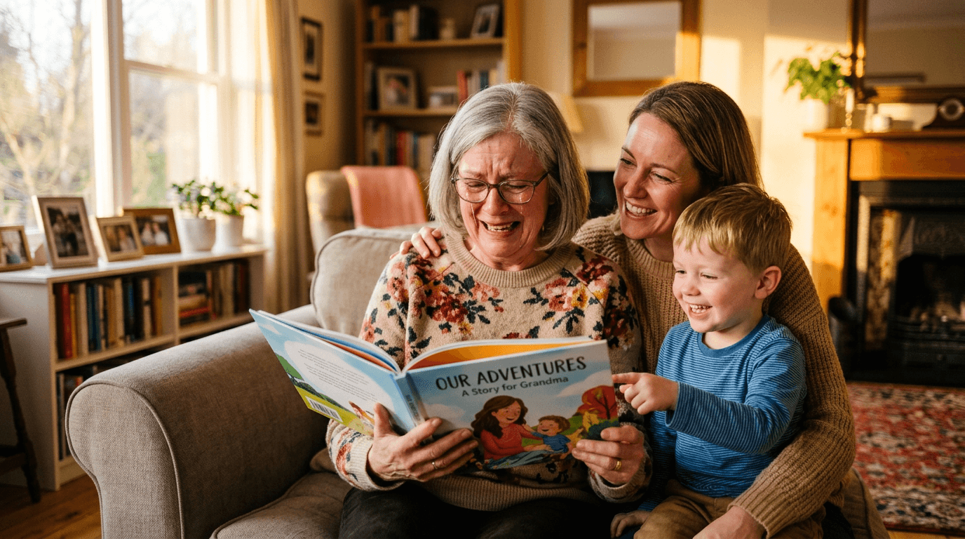 Una abuela emocionada abriendo un libro personalizado con su familia