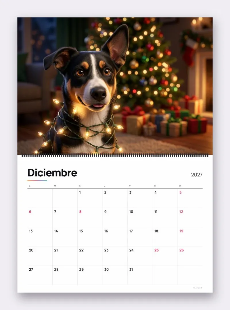 Diciembre: Toby enredado en las luces del árbol